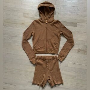 SKIMS waffle zip-up hoodie and shorts set Camel